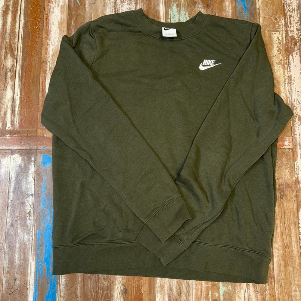 Nike Crewneck Sweatshirt Olive Green Womens Medium Swoosh Pullover Khaki Top